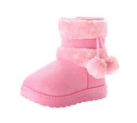 Slxbear Pink Kids Winter Warm Boots Boys Girls Plush Fleece Lined Mid Calf Booties Side Zipper Cozy Non-Slip Outdoor Thermal Hiking Boot Pom Pom Embellished Vacation School Cute Shoes UK Size 11.5