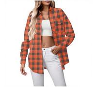 Slxbear Plaid Shirts for Women Button Down Flannel Shirt Casual Plus Size Work Tops Long Sleeve Checkered Blouse Tops Lightweight Turn Down Collar Tshirts with Pockets A Orange S
