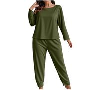 Slxbear Plus Size Loungewear for Women Ladies Lounge Sets Oversized Leisure Pajama Set Two Piece Crew Neck Long Sleeve Solid Top and Loose Fit Wide Pants Breathable Sweatsuit Set Army Green 5XL