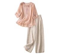 Slxbear Summer Linen Co Ord Sets for Women 2 Piece Lounge Set 3/4 Sleeve Button Up Embroidered Shirts & Wide Leg Trousers Comfy Soft Outfits Travel Outfit Casual Loose Lounge Sets Holiday Beach M