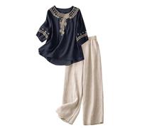 Slxbear Summer Linen Co Ord Sets for Women 2 Piece Lounge Set 3/4 Sleeve Button Up Embroidered Shirts & Wide Leg Trousers Comfy Soft Outfits Travel Outfit Casual Loose Lounge Sets Holiday Beach M