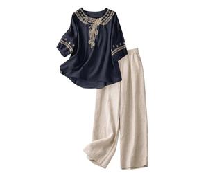Slxbear Summer Linen Co Ord Sets for Women 2 Piece Lounge Set 3/4 Sleeve Button Up Embroidered Shirts & Wide Leg Trousers Comfy Soft Outfits Travel Outfit Casual Loose Lounge Sets Holiday Beach M