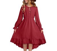 Slxbear Tween Girls Cotton Dresses High Waist Ruffle Long Sleeve Dresses Versatile Solid Color Dress Flowy Maxi Dress Comfy Lightweight Casual Beach Sundress Red 10-11 Years