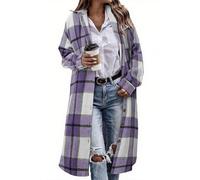 Slxbear Womens Plaid Shacket Jacket Long Flannel Shirt Ladies Checkered Shacket Button Up Lapel Stylish Oversized Trench Coats Comfy Warm Long Jackets Streetwear A Purple L