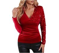 Slxbear Womens Sequin Ruched Wrap Top Patchwork Velvet Long Sleeve V Neck Shirt Sexy Elegant Slim Fit Casual Office Party Daily Wear Cocktail Sparkly Blouses Red S