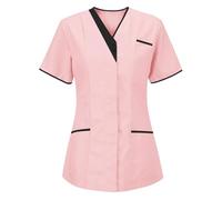 Slxbear Womens Tops Scrubs Uniforms Womens Summer Tops Color-Blocking Tunic Top Beauty Scrub Women Shirt Nurse Work Wear Blouse for Women Casual Loose Womens Going Out Tops Pink