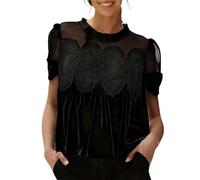 Slxbear Women's Velvet Shirts Casual Mesh Lace Patchwork Blouse Elegant Flared Hem Round Neck Comfort Top Patchwork Ruffle Hem Peplum Top Black XXL