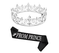 SLXLYH Party Royal Crowns with Sashes for Men Women Birthday King Rhinestones Crowns Shoulder Wrap Set Evening Party Props Supp(Prom Prince Silver B)