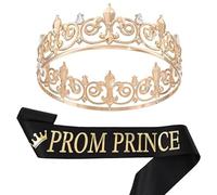 SLXLYH Party Royal Crowns with Sashes for Men Women Birthday King Rhinestones Crowns Shoulder Wrap Set Evening Party Props Supp(Prom Prince Black Go)