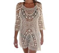 SLXLYH Womens Swimsuit Cover Up 3/4 Sleeves Hollow Out Crochet Floral Lace Dress Backless Knit Beach Top Crochet Dress Cover Ups For Swimwear Women