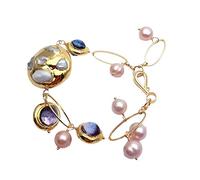 SLXWSXZE 10-11mm Cultured White Keshi Pearl 16mm Purple Murano Glass Beaded Pearl Bracelet