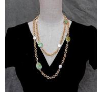 SLXWSXZE 11mm Cultured White Coin Pearl 17x22mm Green Chrysoprase Bezel Set Station Long Necklace 50"