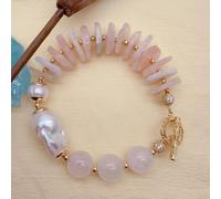 SLXWSXZE 16x25mm Cultured White Baroque Pearl 16mm Beryl Rose Quartz Beaded Bracelet Women Jewelry Nice Gift