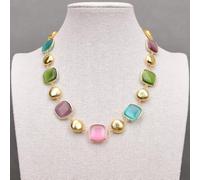 SLXWSXZE 18'' Gold Plated Brushed Coin Beads Mix Color Cat eye Cute Square Chokers Necklace For Women