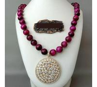 SLXWSXZE 23'' pave gold plated big coin pendant 14mm Round Fuchsia Tiger Eye Necklace necklace ethnic style for women