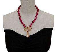 SLXWSXZE Cubic Zirconia Pave Keshi Pearl Pendant 18" 12mm Smooth Round Fuchsia Tiger Eye Necklace