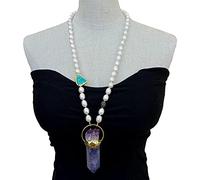 SLXWSXZE Purple Fluorite Amethyst Point Quartz Pendant 28" Freshwater Cultured White Rice Pearl Coral Necklace