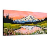 SLYCAY Large Snow Mountain Canvas Wall Art Prints, Pink Sunset Abstract Boho Wall Decor, Green Forest Wildflowers Lake Landscape Painting Pictures Modern Living Room Bedroom Bathroom Office 20"X40"