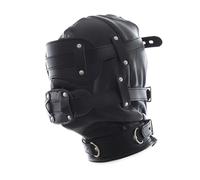 Sm Leather Padded Hood Blindfold with Open Mouth Penis Gag Dildo Gag,Fetish Slave BDSM Bondage Head Harness Sex Mask Erotic Toys Black Short