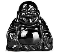 SM SMQARTCRYSTAL 2" Black Obsidian Crystal Laughing Happy Buddha Statue Buddha Ornaments Sitting Sculpture Decor Zen Yoga Figurine Feng Shui Good Luck Indoor Home