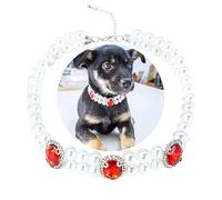 SM4BED Dog Cat Collar Necklace with 2 Row White Pearls Red Rhinestones, Adjustable Bling Diamond Double Layered Puppy Jewelry for Medium Large Pet, L 14IN