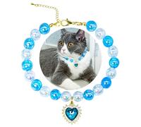 SM4BED Dog Cat Collar Pearl Necklace, Blue Flower Beads with Shiny Rhinestone Diamond, Adjustable Small Pet Jewelry for Chihuahua Yorkie, S 8.6IN