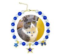 SM4BED Dog Cat Collar Pearl Necklace, White and Blue Beads with Shiny Star Rhinestone Diamond Pendant and Flower Bowknot, Adjustable Puppy Jewelry for Small Medium Pet, M 11IN