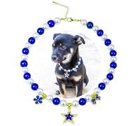 SM4BED Dog Cat Collar Pearl Necklace, White and Blue Beads with Shiny Star Rhinestone Diamond Pendant and Flower Bowknot, Adjustable Puppy Jewelry for Medium Large Pet, L 14IN