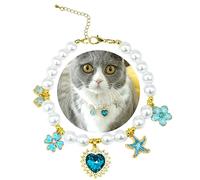 SM4BED Dog Cat Collar Pearl Necklace, White Beads with Blue Shiny Heart Rhinestone Diamond Pendant and Flower Bowknot Starfish, Adjustable Small Pet Jewelry for Chihuahua Yorkie, S 8.6IN