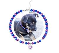 SM4BED Dog Collar Pearl Necklace, Purple and Blue Beads with Shiny Rhinestone Diamond Pendant and Silver Beads, Adjustable Pet Jewelry for Large Dogs, XL 17IN