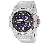 SMAEL Men's Watches Military Outdoor Waterproof Sports Wrist Watch Date Multi Function LED Alarm Stopwatch, Digital Watches for Mens, 8007 Transparent White, Large Face, Digital