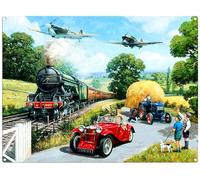 Small (150 x 200mm) Metal Sign - War Time Summer by Kevin Walsh - Flying Scotsman, Spitfire, Tractor and Classic Car