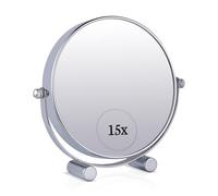 MIRRORVANA Small 15X Magnifying Dressing Table Mirror for Makeup - Double Sided 15X/1X, Free Standing Mirror for Vanity and Bathroom - 15cm Wide & 17cm Tall (Chrome)
