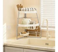 Small 2-Tier Over The Sink Dish Drying Rack, Carbon Steel Folding Corner Sink Brackets, Counter Organizer, Space-Saving, for Plates, Bowls, Utensils