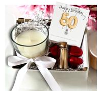 Small 50th Birthday Gold Balloons Gift Hamper - Cubic Zirconia Charm Necklace, Chocolates & Candle