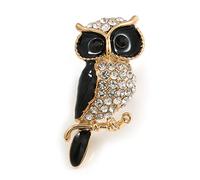 Small Adorable Crystal Black Enamel Owl Brooch In Gold Tone Metal - 33mm Tall