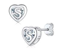 Small Alphabet S Pierced Studs 925 Sterling Silver Dainty Initial Heart Stud Earrings for Women Bling Simulated Diamond Jewellery