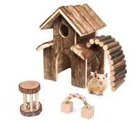 Small Animal Amusement Wooden Villa House Hideouts Playground with Ladder, Fit for Chinchilla, Guinea Pigs, Gerbil, Dwarf Mice, Hedgehog (4 Pcs)