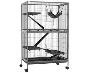 Small Animal Cage Grey Metal & Plastic 128x80x52cm Multiple-Level Ramps Tray 4W