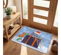 Small Area Rug, Washable Indoor Cartoon Christmas Door Mat | Soft Thin, Non Slip, Stain Resistant, Christmas String Lights Gift Box Cat Low Pile Carpet for Front Bathroom Kitchen Dorm, Light Blue