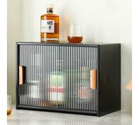 Small Bamboo Kitchen Pantry Sideboard Freestanding Countertop Storage Cabinet with Acrylic Sliding Doors Ideal for Spice & Seasoning Bottles Bowls Dishes 45x28x34cm Black
