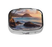 Small Beach Sunset Printed Pill Organizer Daily,Portable Metal Travel Pill Case Box for Purse and Pocket