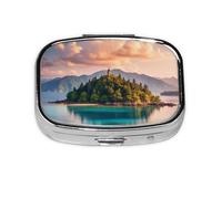 Small Beautiful Island in The Sea Printed Pill Organizer Daily,Portable Metal Travel Pill Case Box for Purse and Pocket