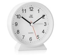 Small Bedside Analogue Alarm Clock with Night Light for Office Bedroom School Travel Heavy Sleeper Super Silent Non Ticking Round Metal Desk Clocks Battery Powered for Elderly Adults Child (White)
