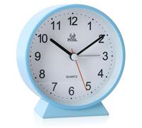 Small Bedside Analogue Alarm Clock with Night Light for Office Bedroom School Travel Heavy Sleeper Super Silent Non Ticking Round Metal Desk Clocks Battery Powered for Elderly Adults Child (Blue)
