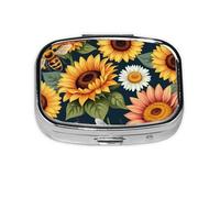 Small Bees Sunflowers Daisy Rose Flowers Printed Pill Organizer Daily,Portable Metal Travel Pill Case Box for Purse and Pocket