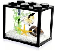Small Betta Fish Tank, Stackable Mini Fish Tank Tiny Aquarium Kit with Aquarium Gravel & Resin Decorations, 0.6 Gallon Cube Desktop Fishbowl for Snails, Crabs, Starfish (Black)