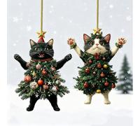 Small Black Cat Christmas Ornament for Cat Lovers Mini Xmas Tree Charms Hanging Decoration Set with Strings Santa Craft Present Garden House Window Wall Wreath Party Bag - 2 Pcs