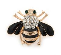 Small Black Enamel, Clear Crystal Bee Brooch In Gold Plating - 30mm