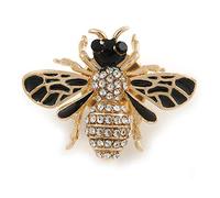 Small Black Enamel, Clear Crystal Bee Brooch In Gold Tone Metal - 28mm Across